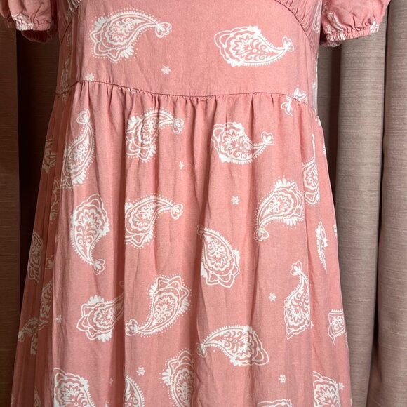 PatPat Pink Boho Paisley Midi Dress XL Short Puff Sleeves V-Neck 100% Viscose Ru - Picture 6 of 16